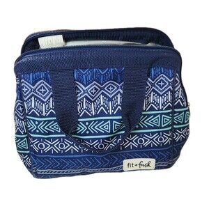 Fit & Fresh Adults Insulated Lunch Bag Work Food Containers Geometric Blue